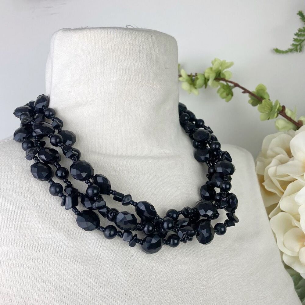 Black Faceted Bead Statement Necklace | 4 strand